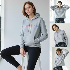 Bebe Hoodie Sweatshirt Neon Lites Logo Kangaroo Pocket Stretch Thumb Holes Gray